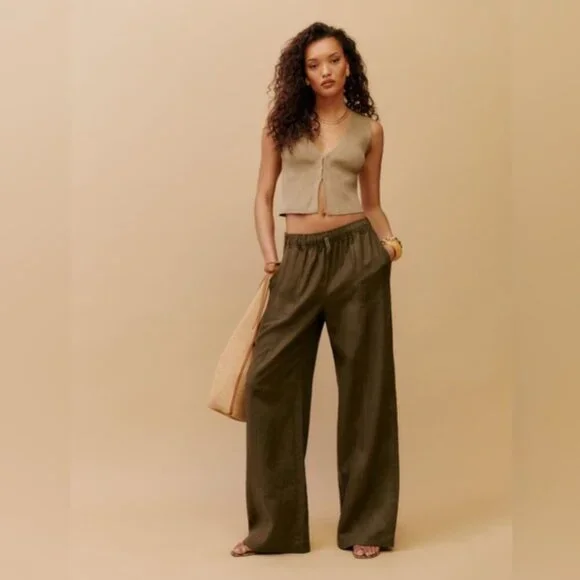 NWT Reformation Declan Linen Pants in Dark Olive, Size Large - Picture 2 of 12